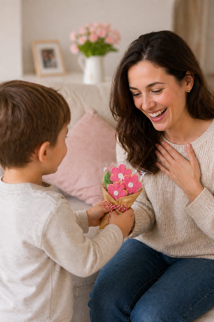 Enfant offrant un bouquet de biscuits fleurs à sa maman pour la fête des mères