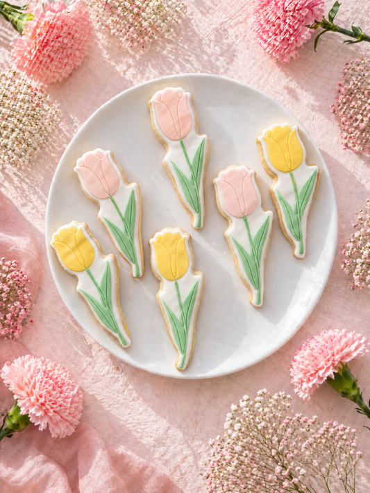 coffret 3 biscuits fleurs tulipes fête des mères sablés décorés artisanaux avec ruban