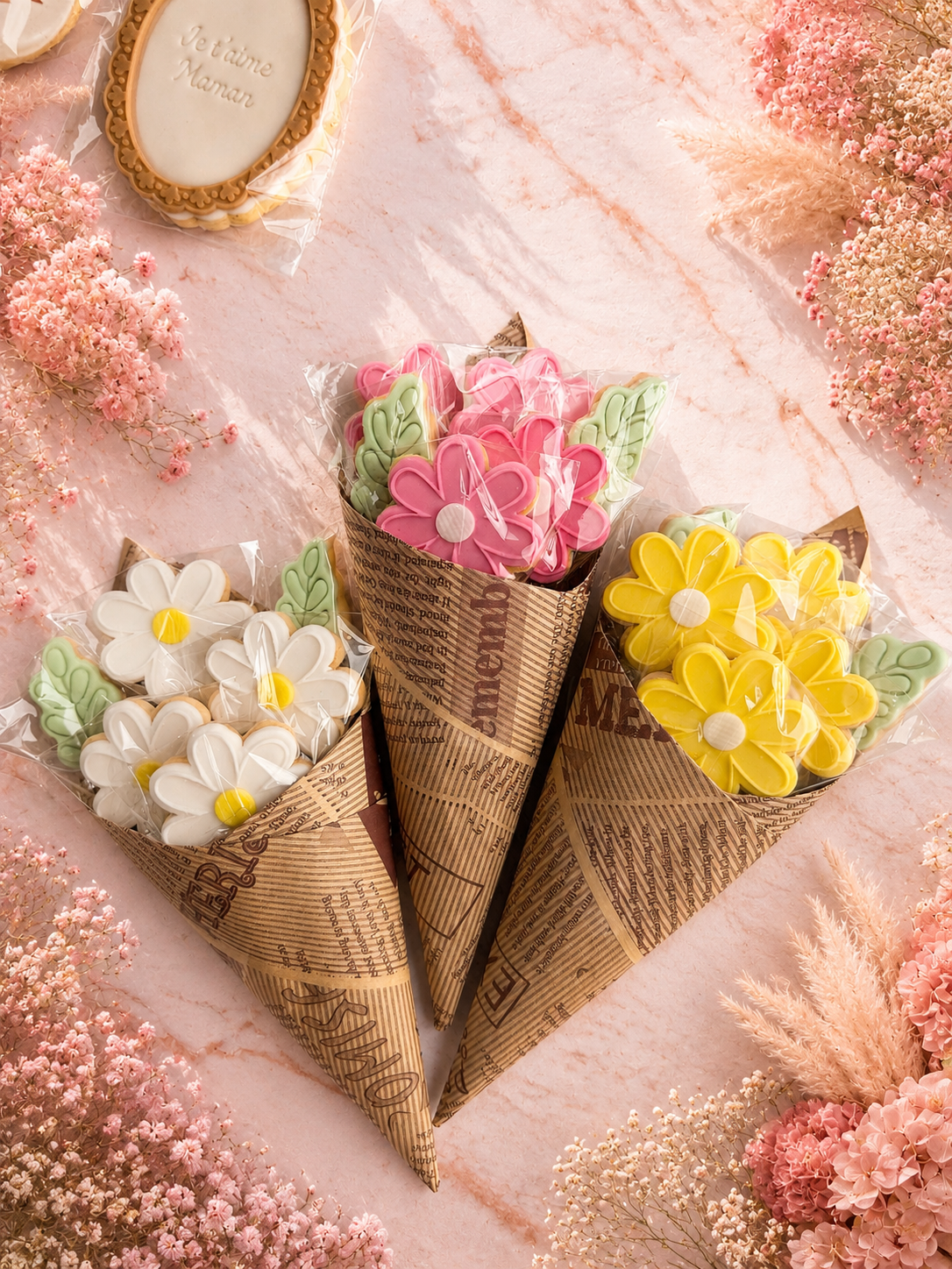 Bouquet de biscuits fleurs décorés en pâte à sucre rose, blanc et jaune avec feuilles vertes dans un emballage kraft spécial Fête des Mères