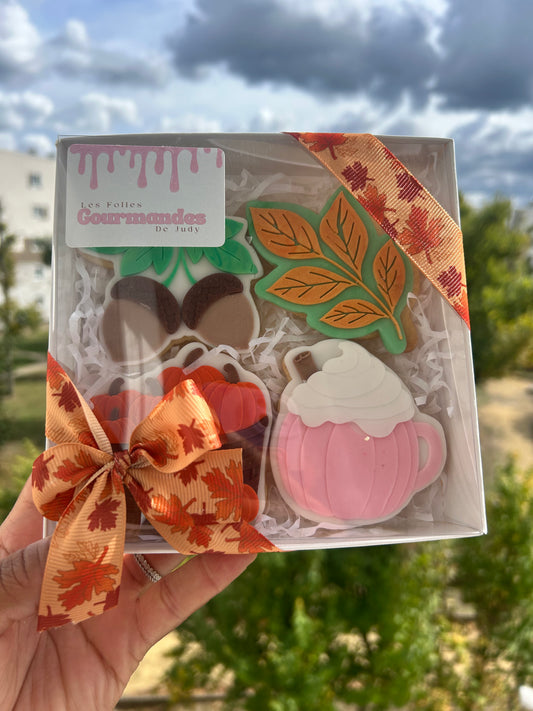 Coffret gourmand automnal avec biscuits décorés en pâte à sucre aux motifs de feuilles et citrouilles – cadeau artisanal fait main