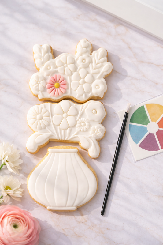 Kit biscuit à peindre bouquet fleuri en pâte à sucre avec palette de peinture alimentaire et pinceau – activité créative gourmande artisanale.