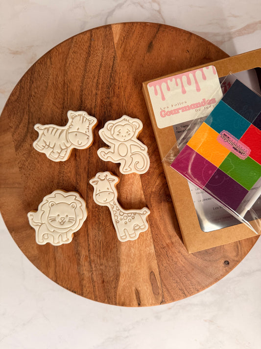 Kit Safari Gourmand Les Folies Gourmandes de Judy – biscuits sablés en forme d’animaux avec palette de peinture alimentaire et pinceau