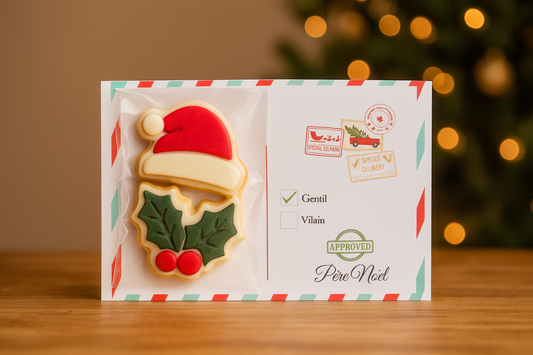 Biscuit décoré en forme de Lettre du Père Noël avec bonnet rouge et feuilles de houx, personnalisation des couleurs, fabrication artisanale.