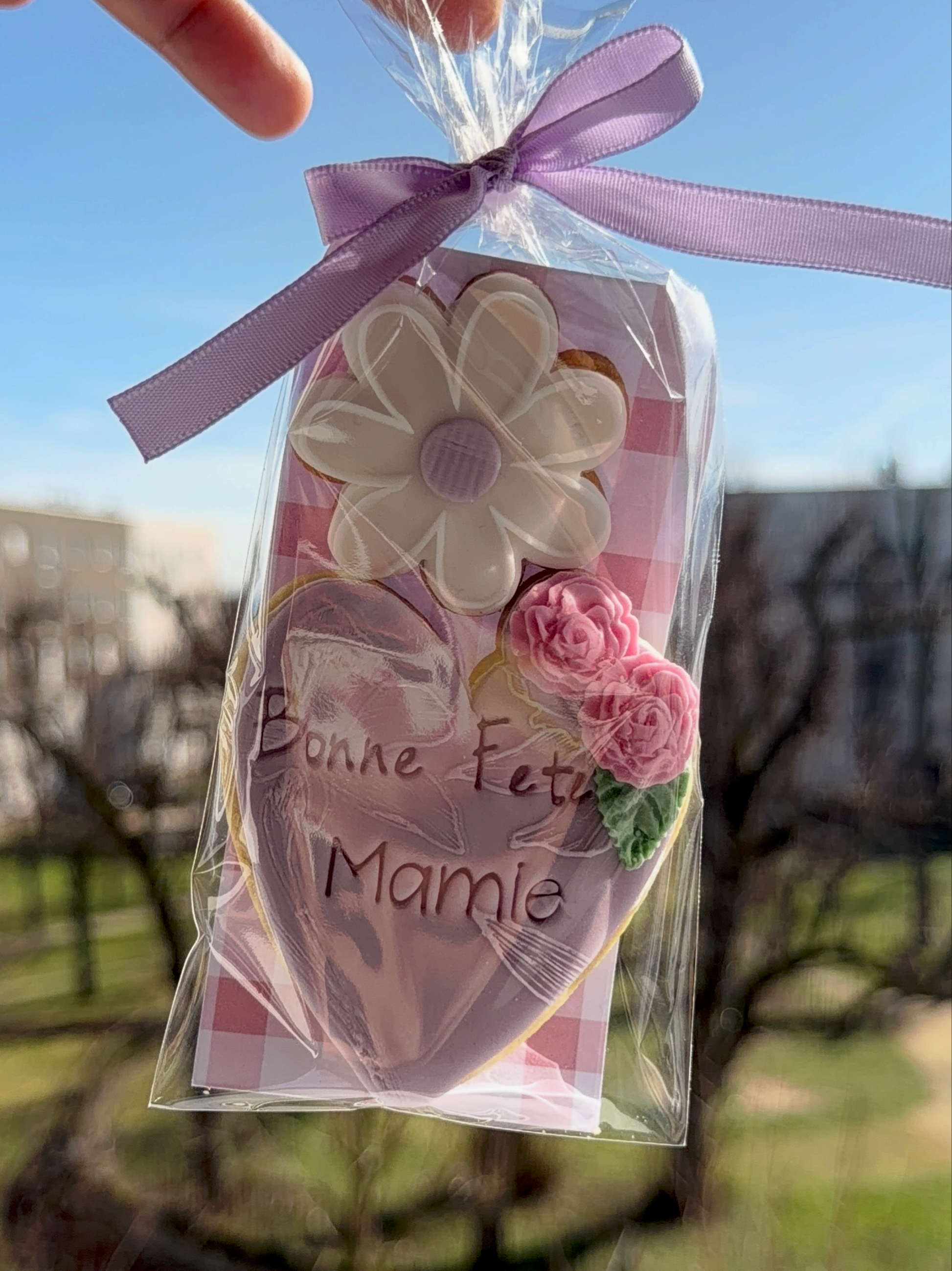 Mini coffret Fête des Grand-Mères avec biscuit cœur personnalisé Bonne fête Mamie, décor floral en pâte à sucre, emballé avec ruban rose par Les Folies Gourmandes de Judy.