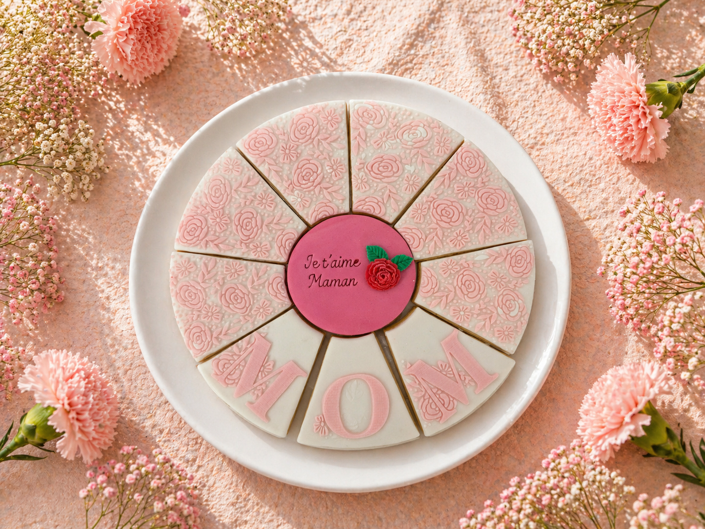 Biscuit artisanal fête des mères à partager je t’aime maman décoration fleurs roses cadeau gourmand