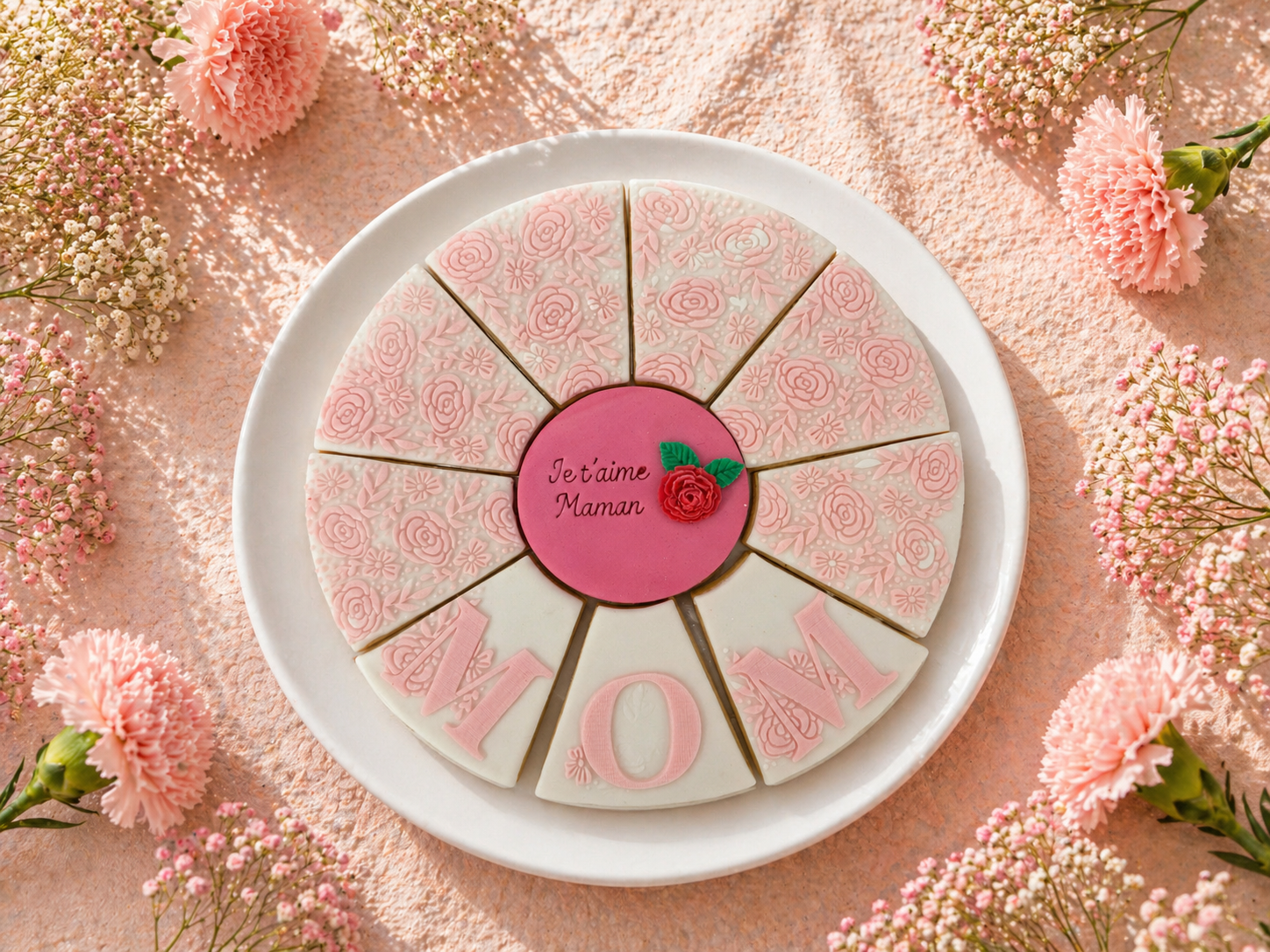 Biscuit artisanal fête des mères à partager je t’aime maman décoration fleurs roses cadeau gourmand
