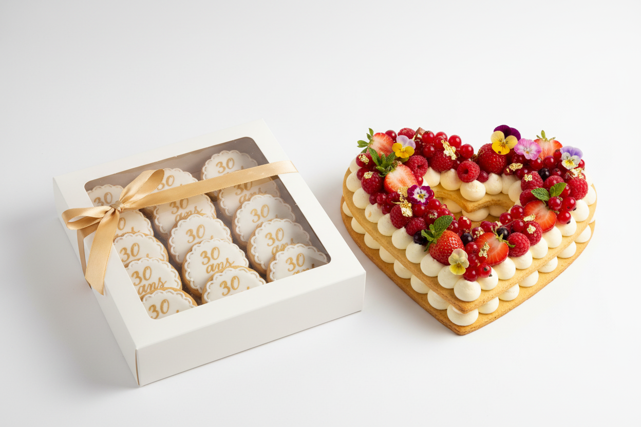 biscuits d'anniversaire et number cake coeur décoration fruit rouge